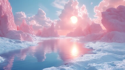 Wall Mural - a stunning landscape with a pink sky, sun setting over a frozen lake surrounded by snow-covered moun