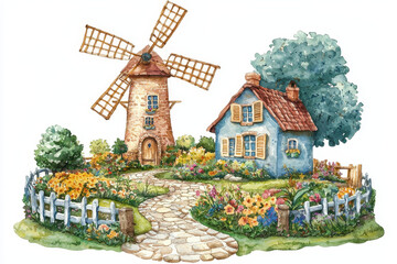 A charming countryside scene featuring a colorful cottage, a windmill, and a beautifully landscaped garden with vibrant flowers.