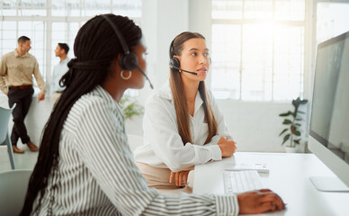 Poster - Call center, computer and women training with support for telemarketing or customer service. Helping, coaching and female people learning on pc for consulting advice, teamwork or question in business
