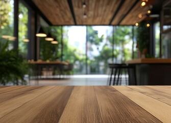 Aufkleber - Wooden table top with blurred background of a modern restaurant interior with large windows and green plants.