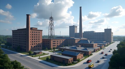 Industrial complex with smokestacks and brick buildings, symbolizing manufacturing and urban development.