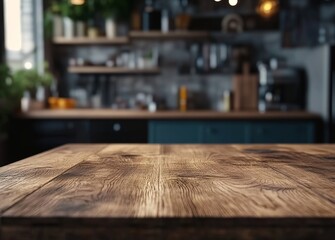 Aufkleber - Empty rustic wooden table top in a modern kitchen with a blurred background.