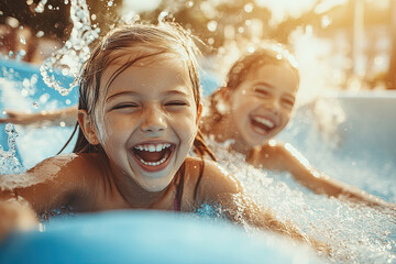 Wall Mural - Two young girls having fun sliding down the water slide at an amusement park