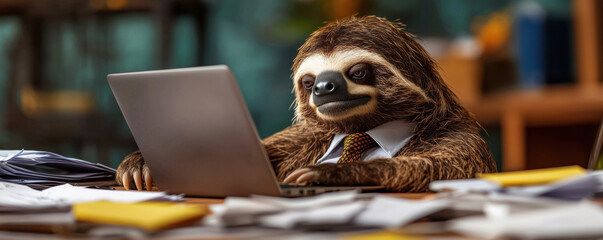 Aufkleber - A sloth in a tie, A sloth in a business suit focused on a laptop amidst a chaotic workspace, representing the balance of work and relaxation.