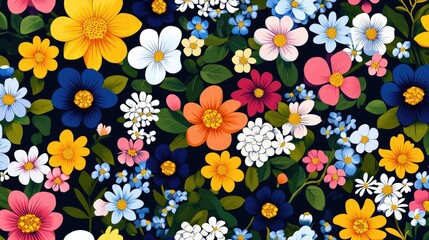 Poster - Bright and vibrant seamless floral pattern with an array of multicolored flowers, perfect for textile design, wallpapers, or artistic backgrounds.