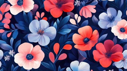 Poster - Colorful seamless floral pattern with blooming flowers of all shapes and sizes, ideal for textile design or wallpaper, offering a soft yet vibrant touch.