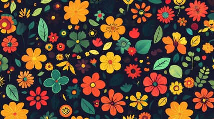 Poster - Colorful seamless floral pattern with blooming flowers of all shapes and sizes, ideal for textile design or wallpaper, offering a soft yet vibrant touch.
