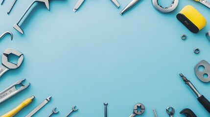 Wall Mural - Set of tools over blue background, top view with space for text. 