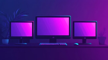 Poster - A modern workspace featuring three screens with a vibrant purple gradient background.