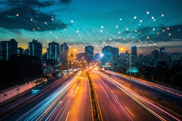 A cityscape at night with a network of lines connecting the buildings, representing the concept of connectivity and technology.