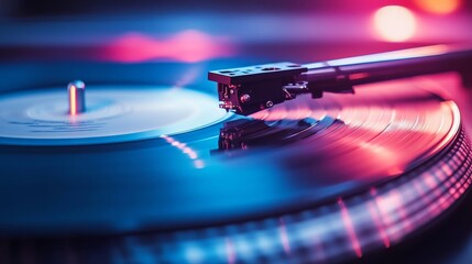 Close-up of a spinning vinyl record under soft focus and warm ambient lighting, capturing a nostalgic and vintage vibe. The tactile grooves of the record create a timeless, retro music experience.