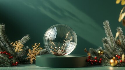 Aufkleber - A beautifully crafted glass globe features delicate natural elements, placed on a green podium.