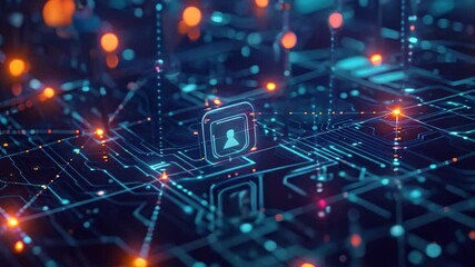 Poster - An Video featuring a vibrant blue and orange background intersected by numerous dots and lines, A stylized concept of a Virtual Private Network (VPN)