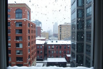 _ . Cityscape with Rain and Snow A window showing a cityscape wi