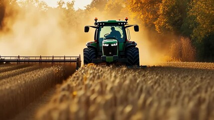 Poster - A tractor is driving through a field of corn