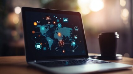 A laptop with digital icons emerging from the screen, symbolizing the power of technology in connecting people across the world