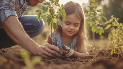 Father and daughter planting seedlings together in a garden
