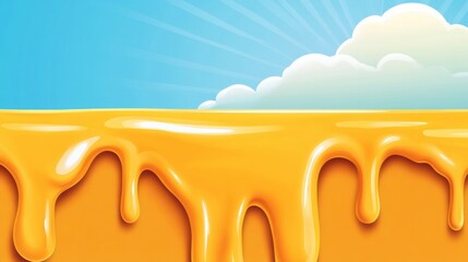 golden honey drips under a bright blue sky with fluffy clouds, ai