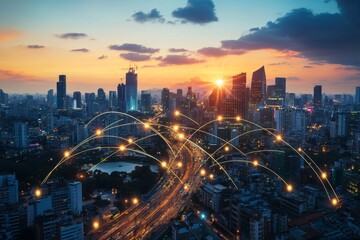 Poster - a panoramic cityscape with a glowing network of lines connecting buildings, showcasing a modern metr
