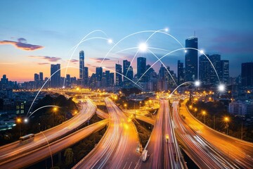 Poster - A cityscape at dusk with glowing lights and lines connecting the buildings and roads, symbolizing a connected city.