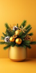 Golden Christmas Decoration in a Pot on Yellow Background.