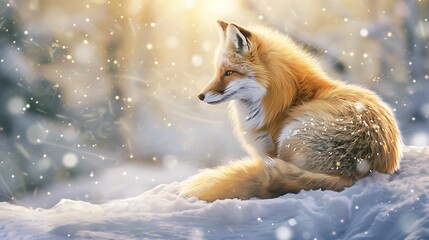 A fluffy polar fox with perfect golden fur fitting perfectly with the snowy setting