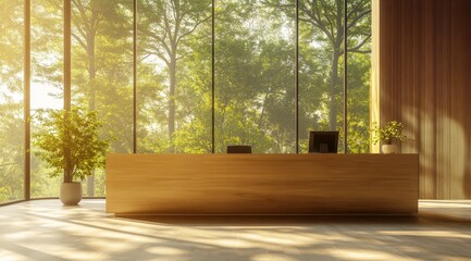 Poster - Modern wooden reception desk in a contemporary office space with large windows overlooking a lush forest.