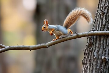 a squirrel mid leap between two tree branches its tail flowing b