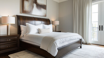 Wall Mural - Contemporary bedroom featuring a dark wooden bed, crisp white linens, and abstract art on the wall, illuminated by soft natural light.