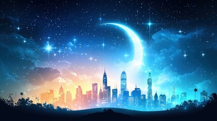 Poster - Skyscraper Silhouettes: A silhouette of skyscrapers against a night sky, with bright lights illuminating the windows, creating a dramatic cityscape.