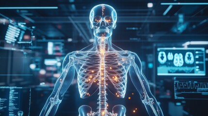 Poster - A digital rendering of a human skeleton, with glowing orange points of light, is displayed in a dark room with medical screens in the background.