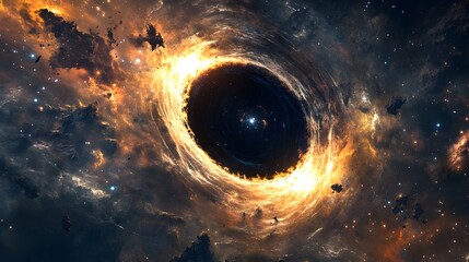 Wall Mural - Abstract black hole system over star field with event horizon, gravity singularity in outer space. 