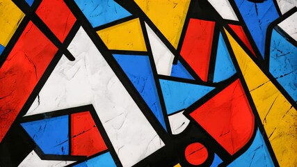Poster - This Video showcases a vibrant painting composed of various colorful shapes adorning a wall, Abstract background featuring bold, geometric shapes in primary colors