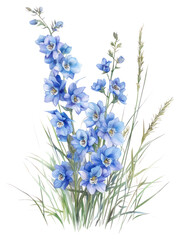 Canvas Print - PNG  Small bouquet of Delphiniums in grass art illustration watercolor.