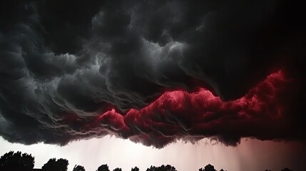 Wall Mural - dark red storm clouds hanging low in the sky, casting an eerie glow on the landscape below, with a m