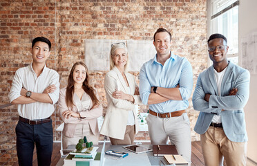 Poster - Group, architect and arms crossed in portrait, office and together for ideas, solidarity and synergy at company. Teamwork, people and smile with pride, design and diversity for property at startup