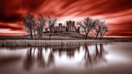 Wall Mural - dark red storm clouds hanging low in the sky, casting an eerie glow on the landscape below, with a m