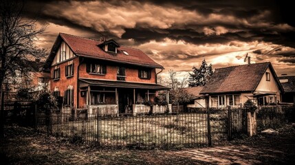 Wall Mural - dark red storm clouds swirl in the sky, casting eerie shadows on the ground below, creating a chilli