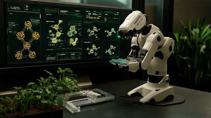 Poster - DNA-powered robotic arm performing genetic engineering, surrounded by floating holographic screens showing gene editing data and molecular structures.