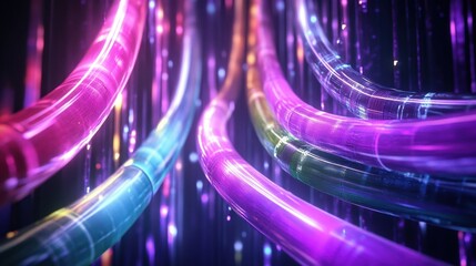 Fototapete - Generative AI-inspired colorful electric cables, LED lights, and fiber optics set against a dark, futuristic background