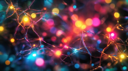 Fototapete - Generative AI-inspired colorful electric cables, LED lights, and fiber optics set against a dark, futuristic background