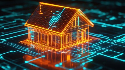 Poster - High-tech digital house outlined in bright orange with a blue and green glowing Wi-Fi effect surrounding it.