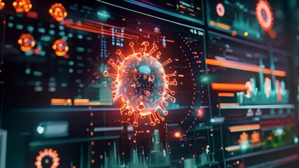 Poster - A Videograph of a computer screen displaying a symbol representing the Corona virus, AI predicting pandemic spread using big data