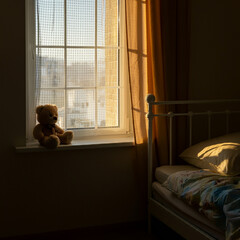 Wall Mural - Teddy bear by a window in dim light, capturing a sense of solitude and peacefulness