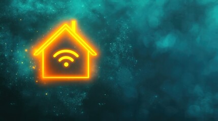 Poster - Modern glowing digital house with an orange frame against a blue-green tech-themed background, Wi-Fi signals glowing around it.