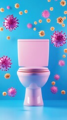 Colorful toilet surrounded by virus illustrations on a vibrant blue background.