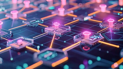 Poster - A close-up view of a computer circuit board covered in a multitude of small objects, An abstract depiction of smart contracts operating in a blockchain