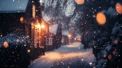 Poster - A tranquil street in a winter neighborhood, covered in snow and softly lit by glowing street lamps. The serene atmosphere invites peaceful strolls through the snowflakes falling gently.