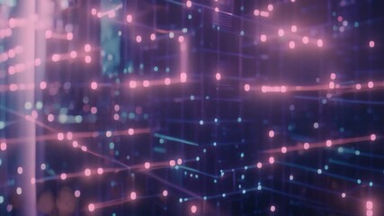 Poster - Blue and Red Abstract Background With Cubes, An abstract view of transparent digital blocks connected through neon lines, symbolizing blockchain technology