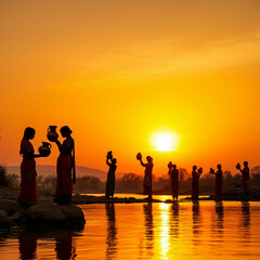 Group of people participating in Chhath Puja, holding offerings while the sun sets, creating a warm, golden glow